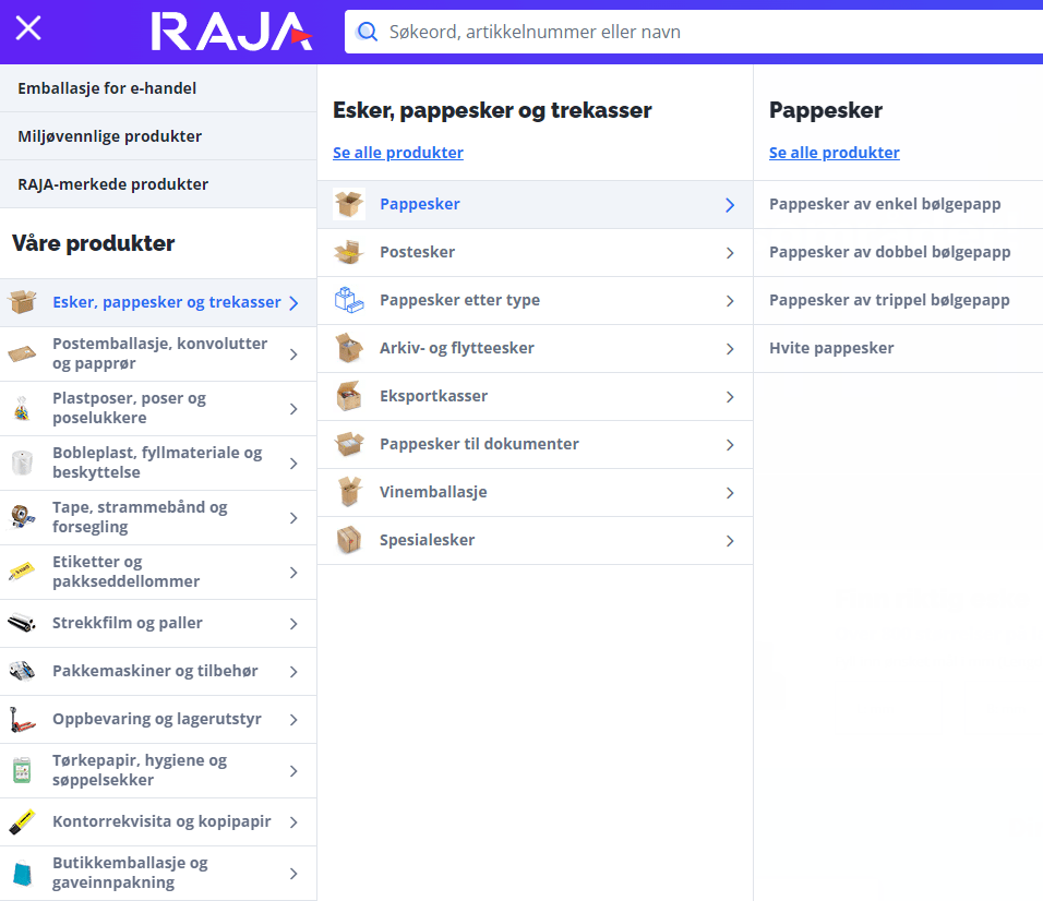 Produktmeny RAJAs nettbutikk